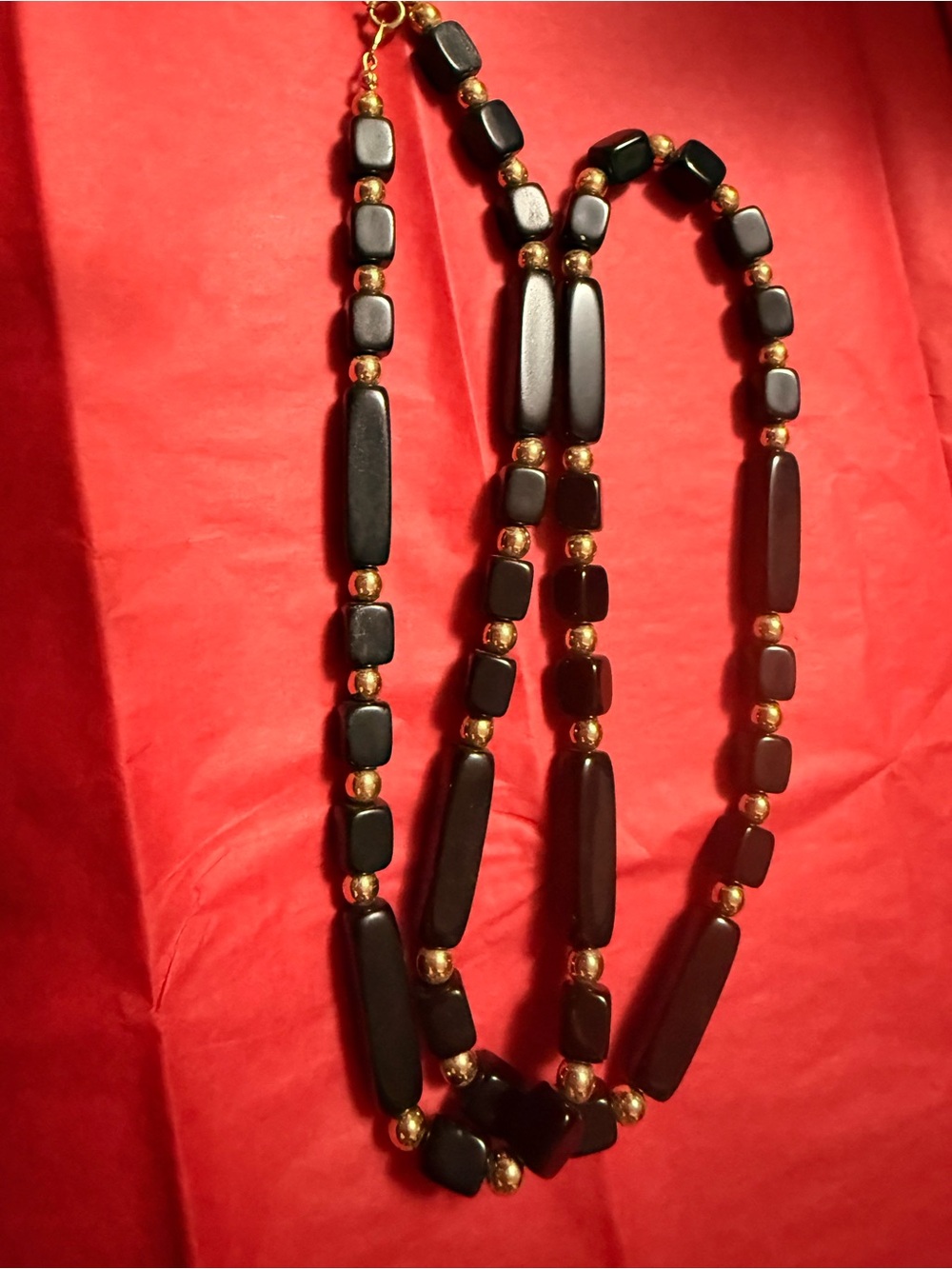 Vintage M Jent Black Bead Gold Tone 28” Long Necklace Signed Costume Jewelry